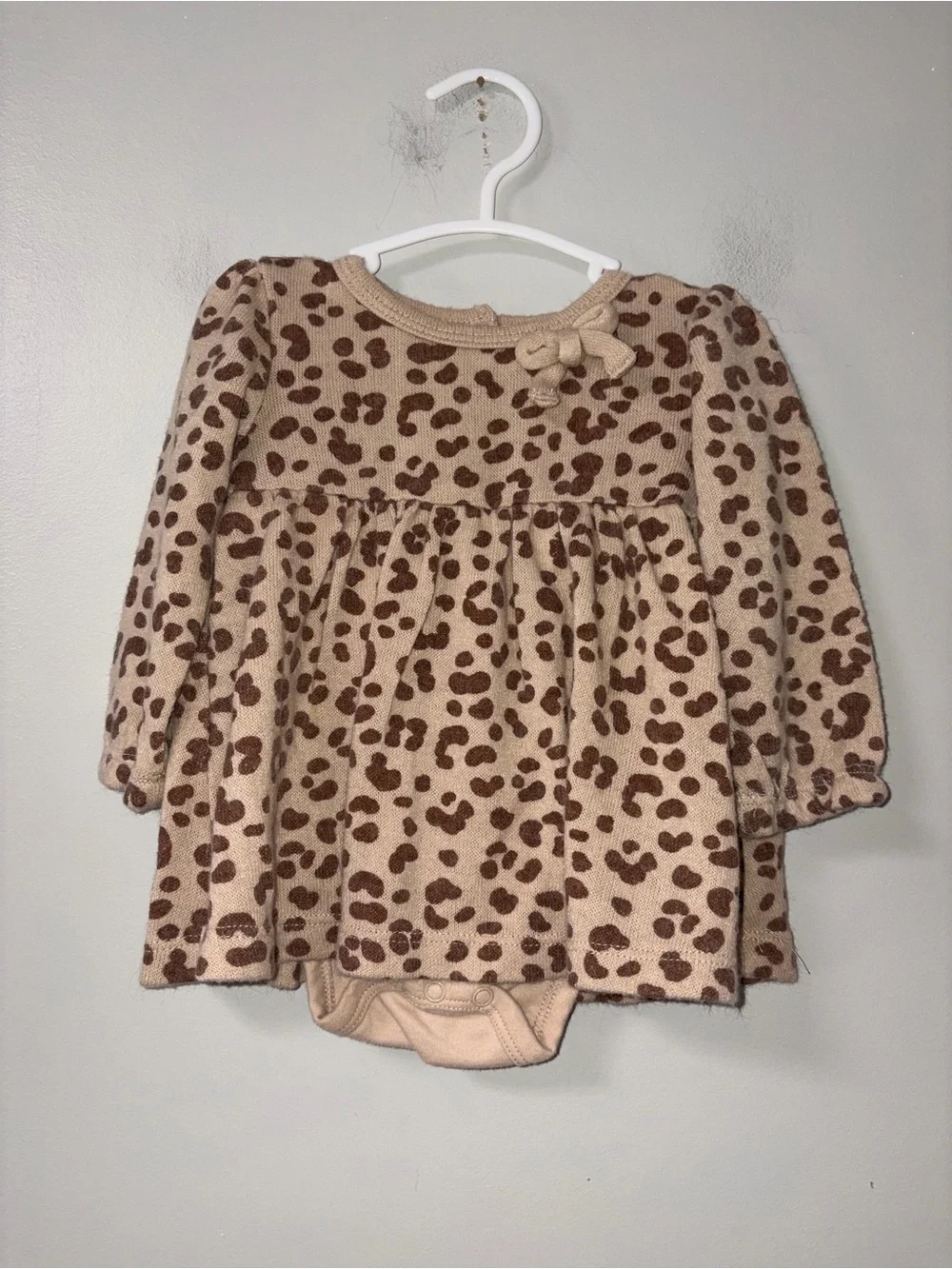 Tahari Brown Knit Leopard Long Sleeve Skirted Body Suit Dress Girls 6-9M